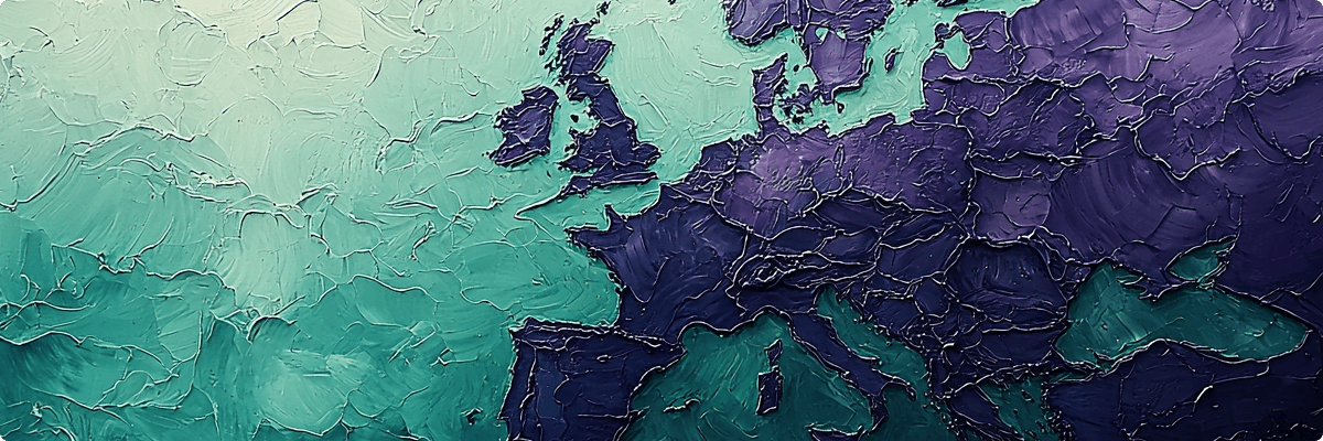 Textured map of Europe with raised continental relief in deep purple against a teal ocean background, artistic style.