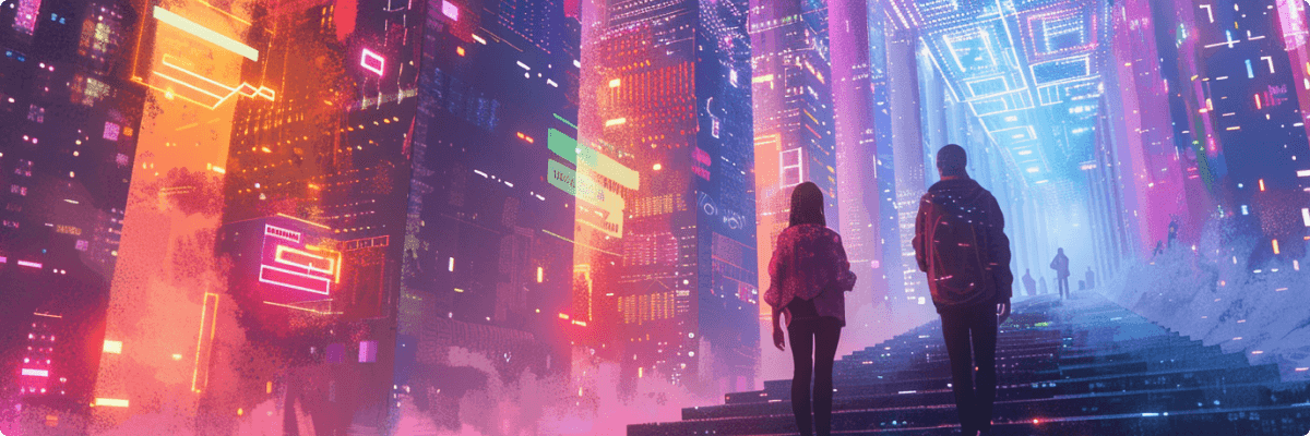 Futuristic cityscape with neon-lit skyscrapers, people walking through a digital urban environment.