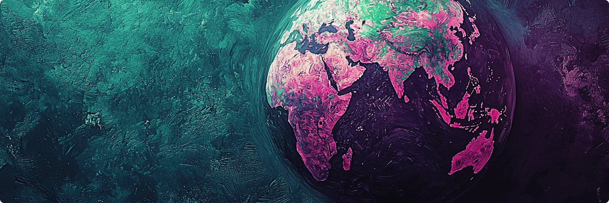 Artistic rendering of Earth from space with vibrant pink continents against deep teal and purple cosmic background.