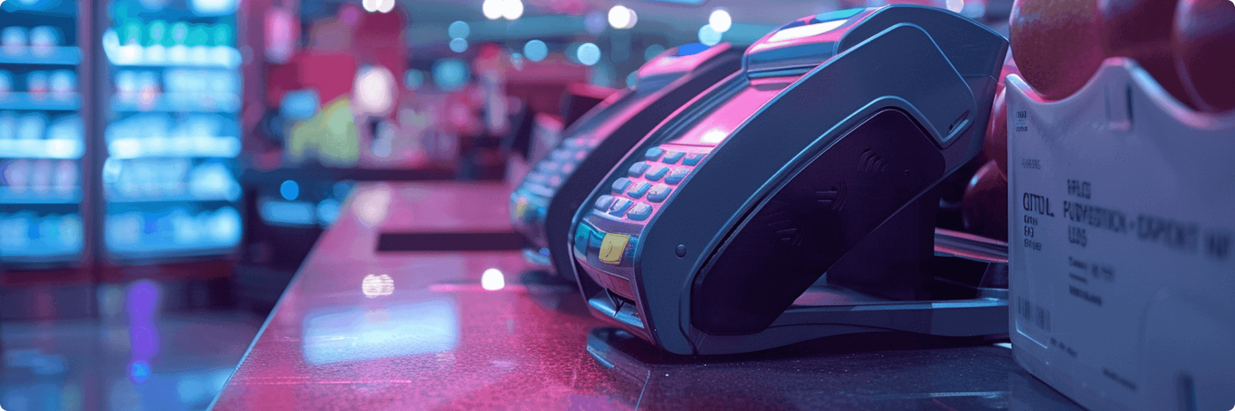 Modern payment terminal on illuminated store counter with neon blue and pink lighting, futuristic retail atmosphere