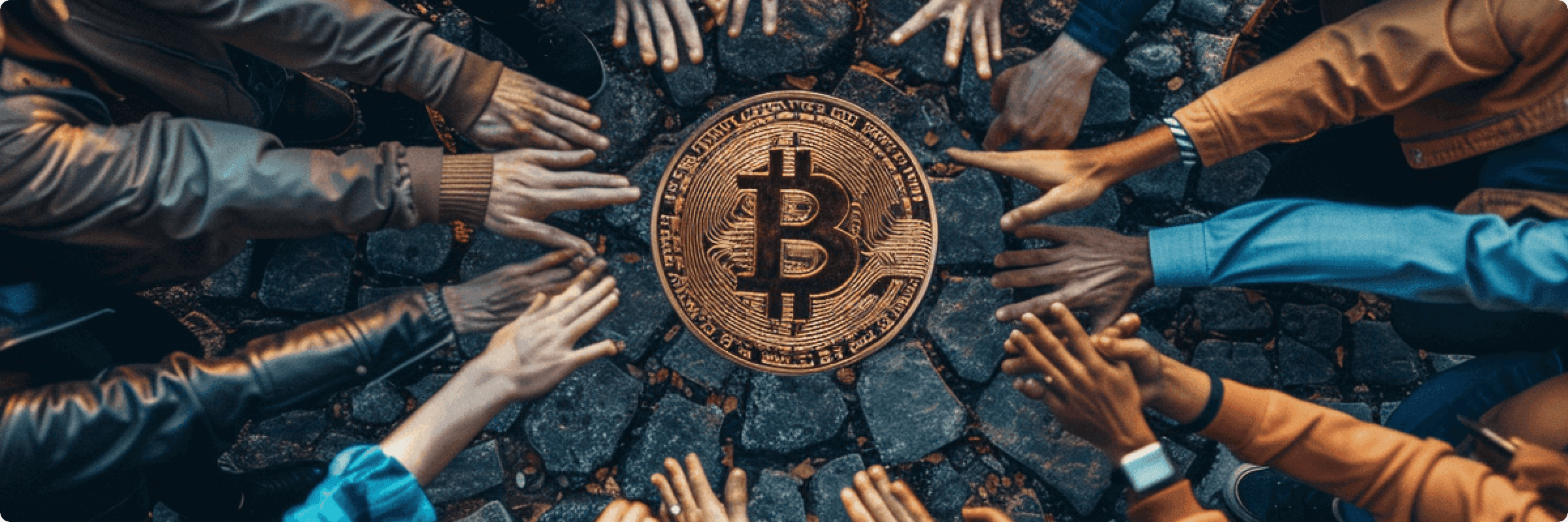 Hands reaching for golden Bitcoin symbol on dark stone background, depicting cryptocurrency demand and competition.