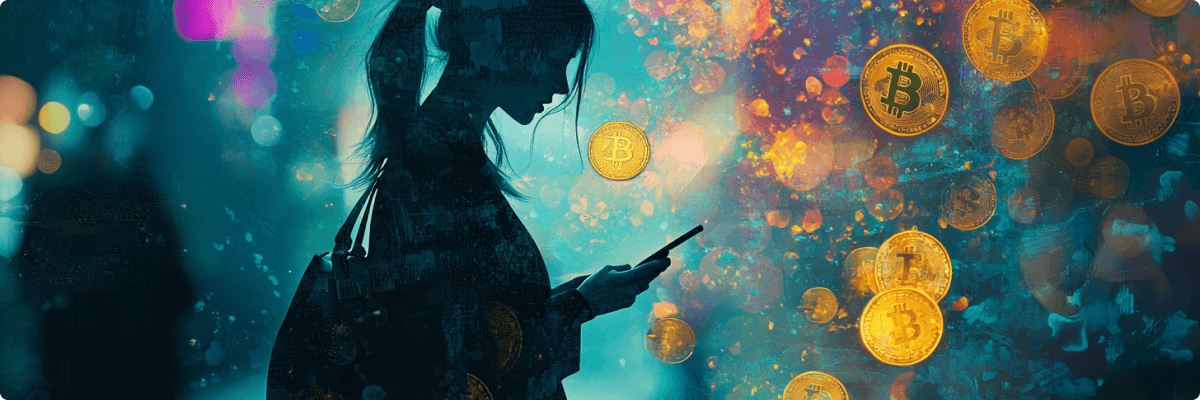 Silhouette of a woman with a phone surrounded by Bitcoins, highlighting the integration of crypto into daily life.