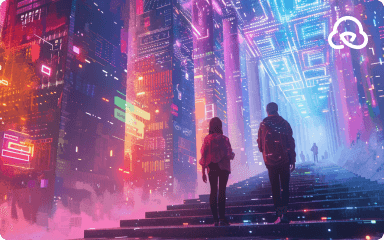 Futuristic cityscape with neon-lit skyscrapers, people walking through a digital urban environment.