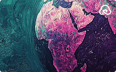 Artistic rendering of Earth from space with vibrant pink continents against deep teal and purple cosmic background - preview.