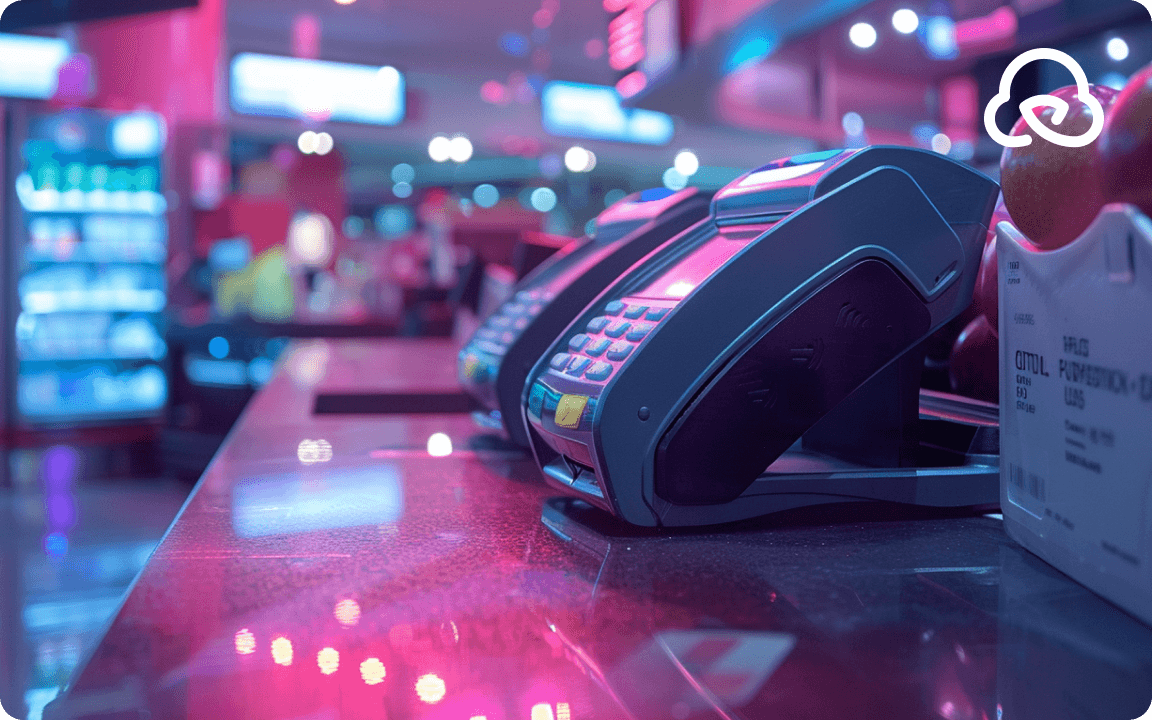 Modern payment terminal on illuminated store counter with neon blue and pink lighting, futuristic retail atmosphere - preview.