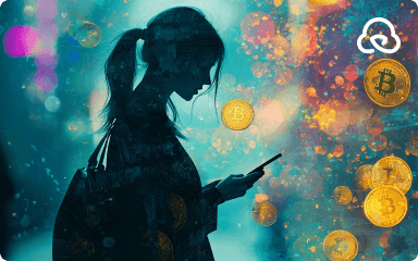 Silhouette of a woman with a phone surrounded by Bitcoins, highlighting the integration of crypto into daily life. - preview