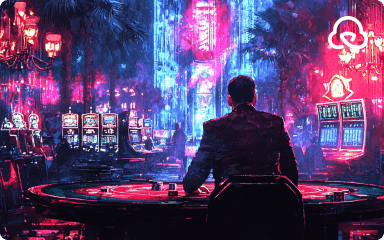 Man sitting at a casino table surrounded by neon lights, slot machines, and vibrant colors, representing a digital gambling environment - preview.