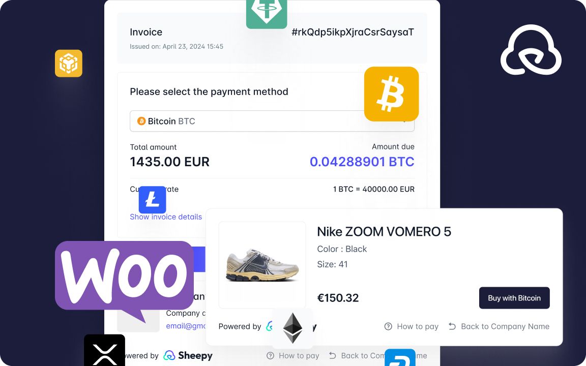 Invoice interface showing payment options with Bitcoin and other cryptocurrencies for a Nike product purchase.