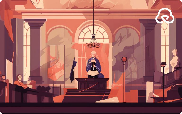 Stylized courtroom scene with judge at center, surrounded by architectural details and shadowy figures in warm hue - preview.