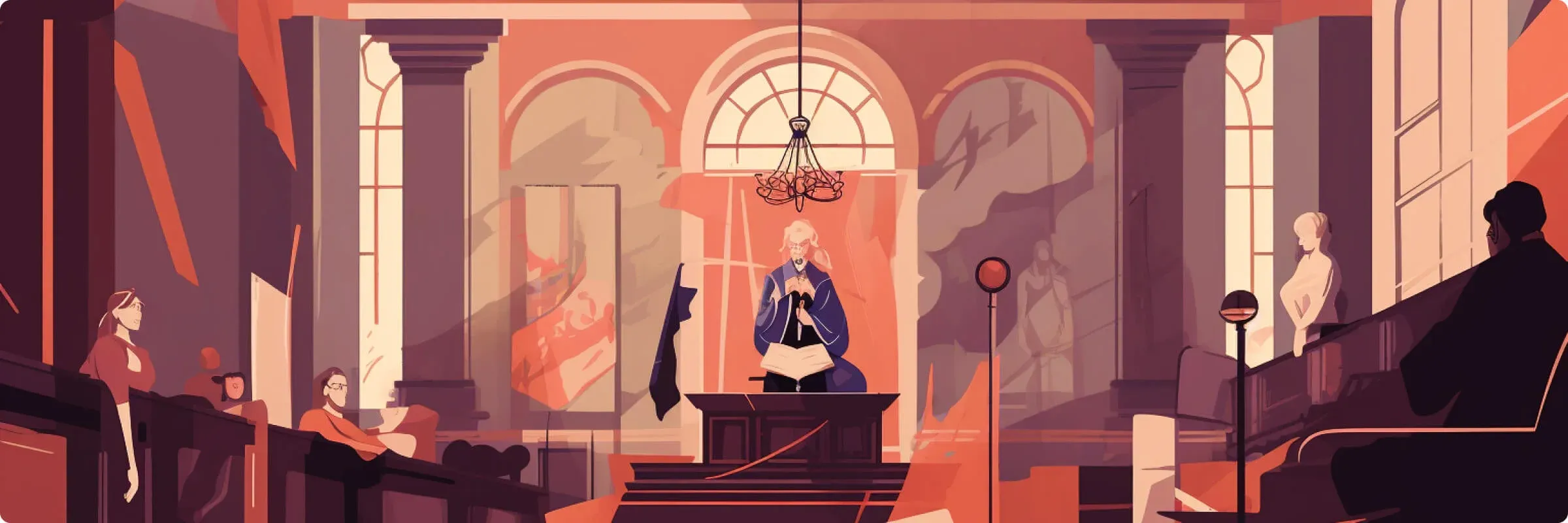 Stylized courtroom scene with judge at center, surrounded by architectural details and shadowy figures in warm hue.