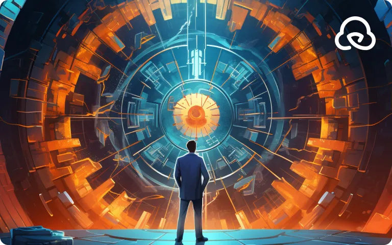 Man facing futuristic circular portal with glowing core. Sci-fi corridor in blue and orange tones - preview.