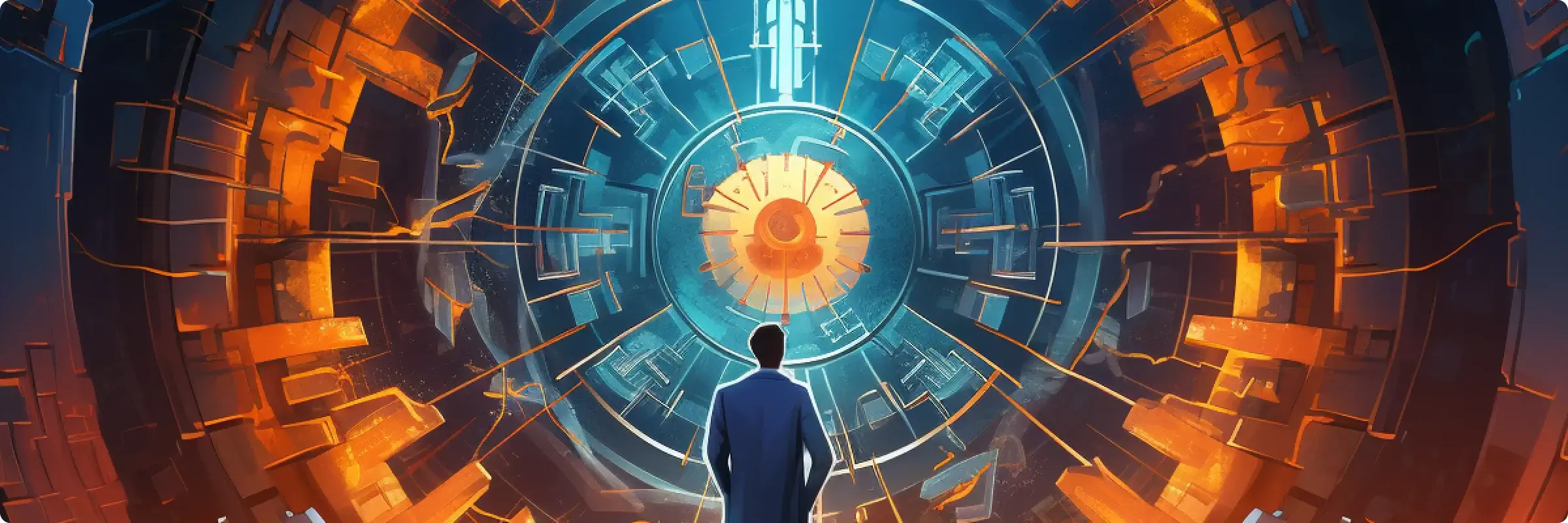 Man facing futuristic circular portal with glowing core. Sci-fi corridor in blue and orange tones.