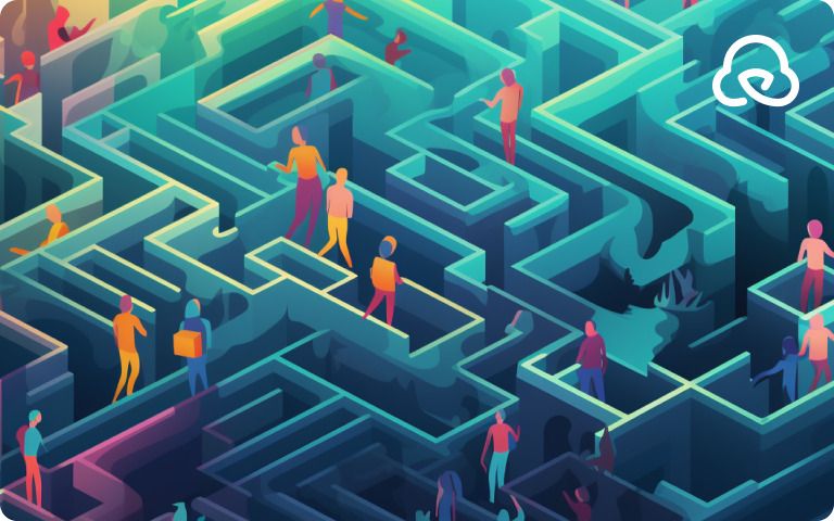 Colorful isometric maze with diverse figures navigating complex paths, symbolizing challenges and choices in life or career - preview.