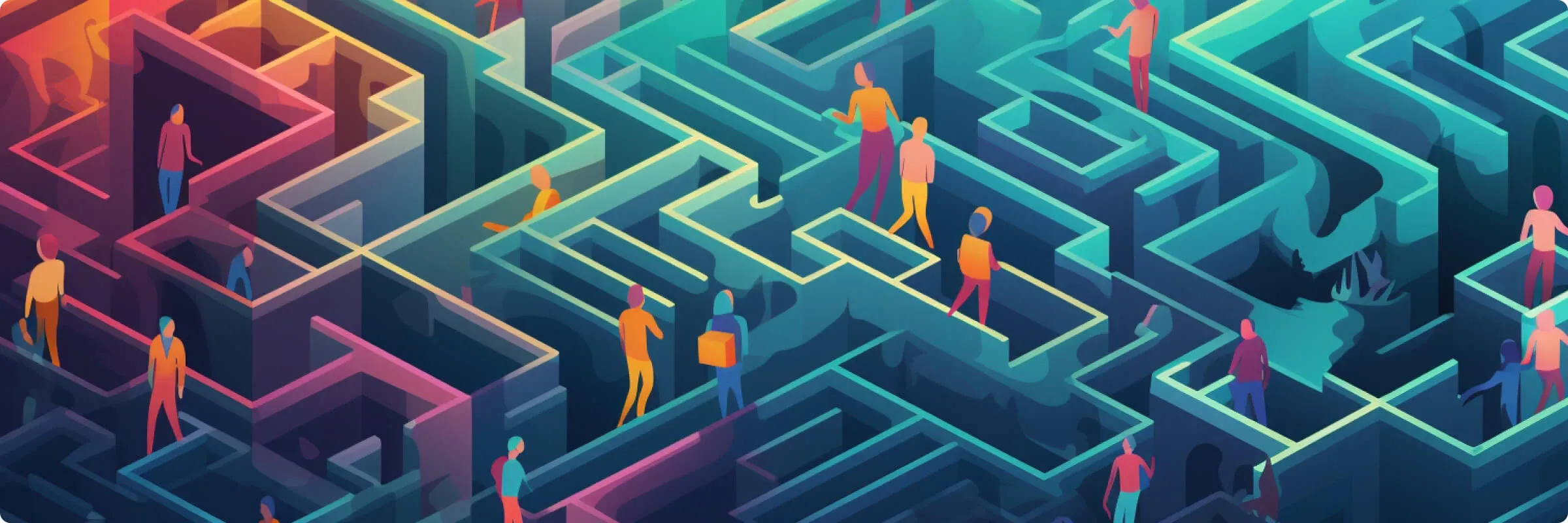 Colorful isometric maze with diverse figures navigating complex paths, symbolizing challenges and choices in life or career.