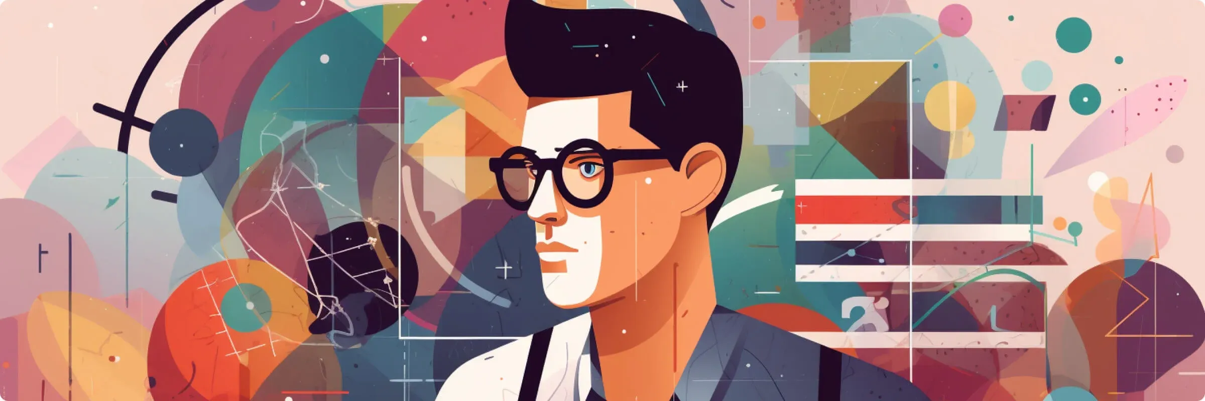 Stylized illustration of a man with glasses surrounded by abstract geometric shapes, math symbols, and colorful elements.