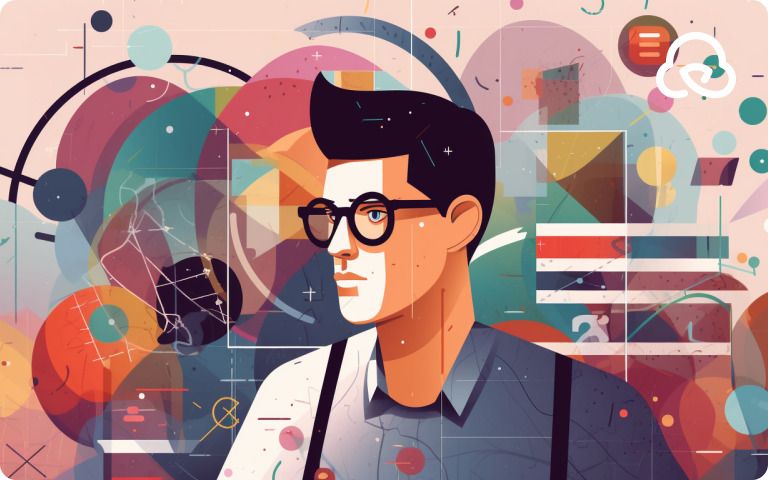 Stylized illustration of a man with glasses surrounded by abstract geometric shapes, math symbols, and colorful elements - preview.