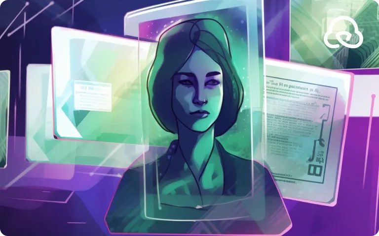 Futuristic digital interface with woman's portrait and floating screens. Neon-lit cyberpunk scene in purple hues - preview.