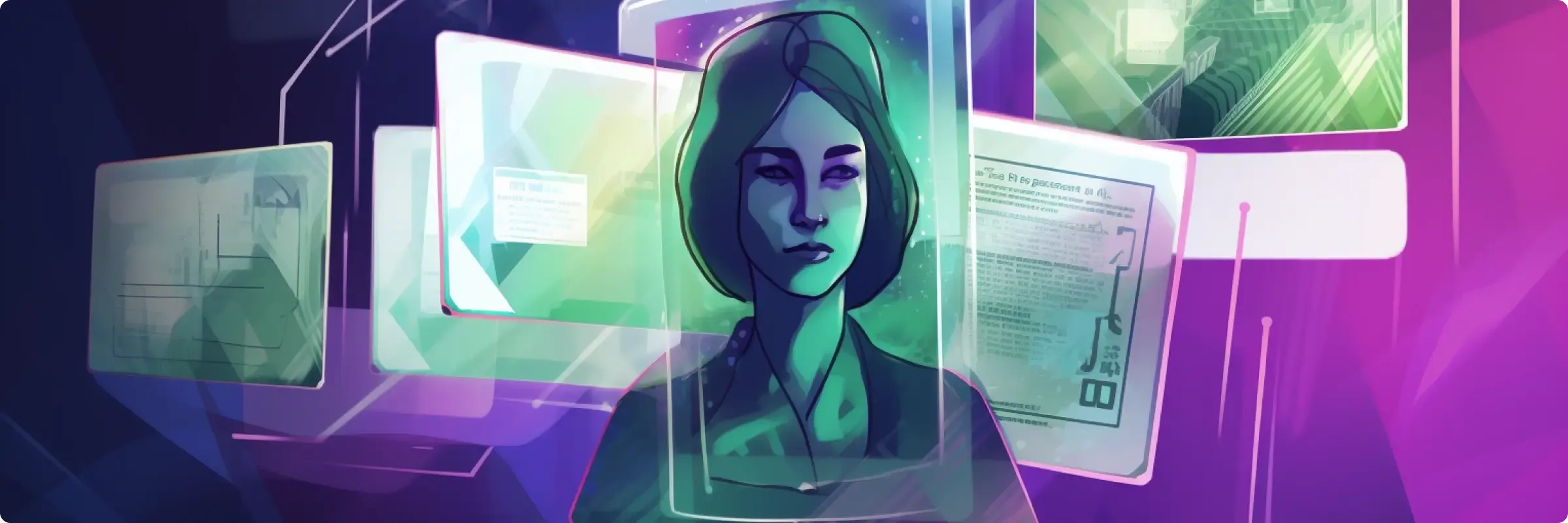 Futuristic digital interface with woman's portrait and floating screens. Neon-lit cyberpunk scene in purple and green hues.