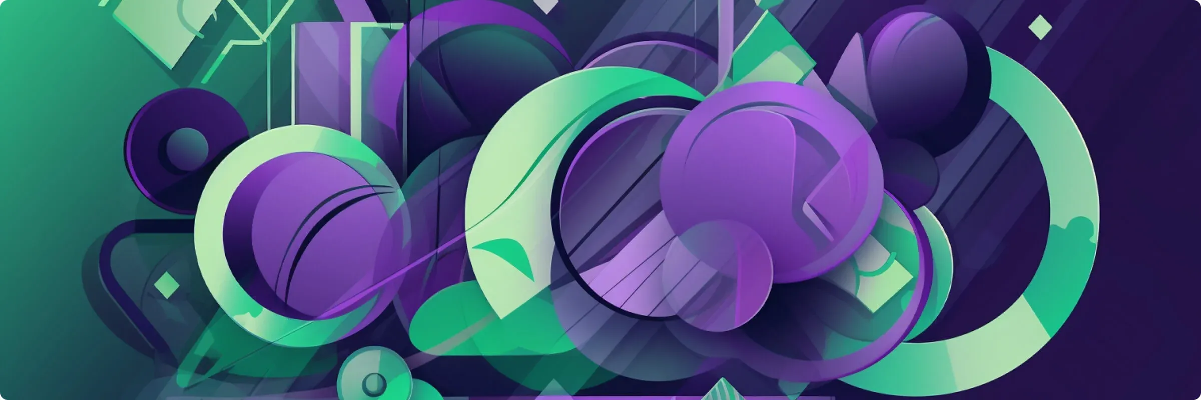 Abstract digital art with overlapping purple and green geometric shapes, creating a modern and dynamic composition.