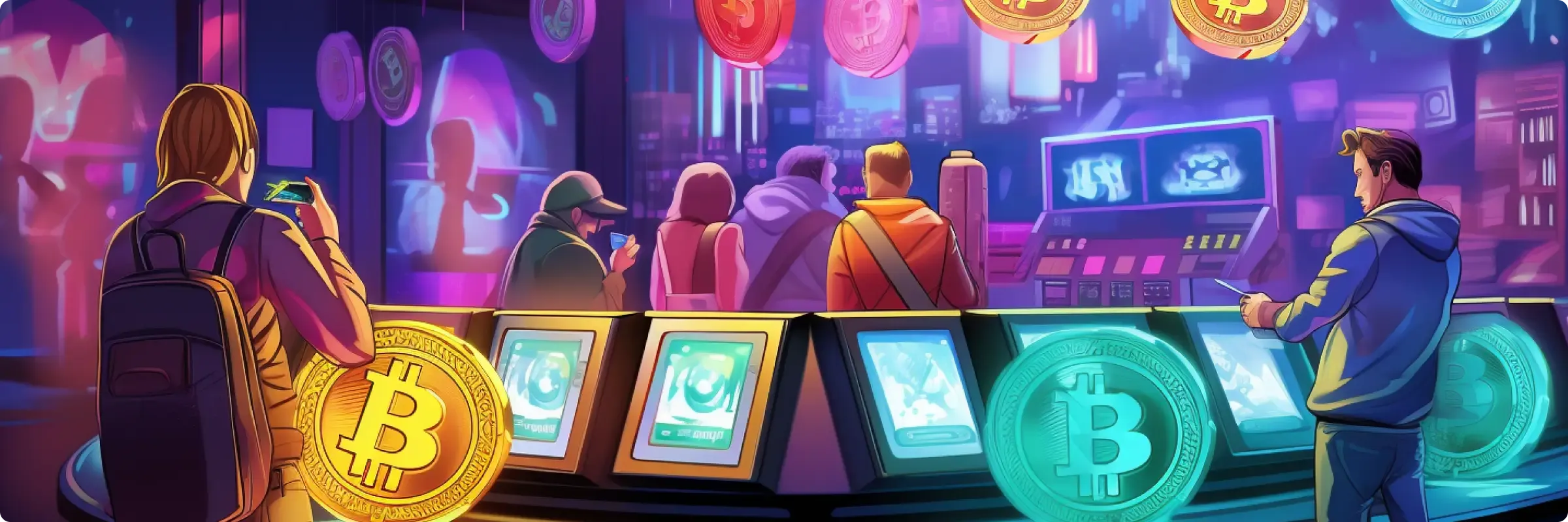 Futuristic crypto exchange scene: people at digital kiosks with Bitcoin symbols, and floating cryptocurrency coins.