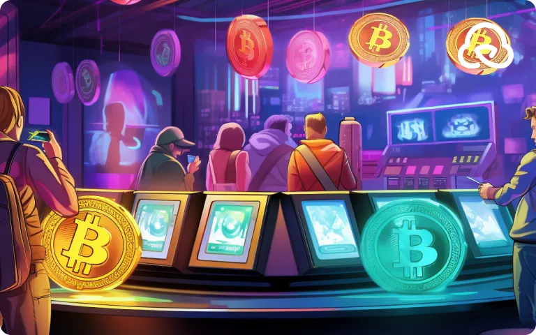 Futuristic crypto exchange scene: people at digital kiosks with Bitcoin symbols, and floating cryptocurrency coins - preview.