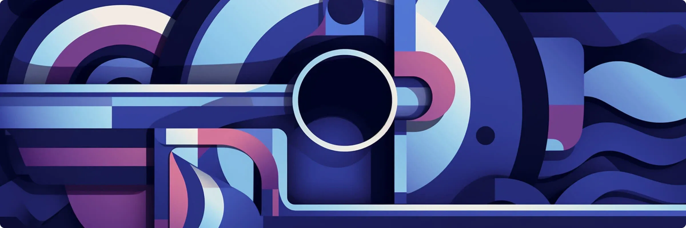 Abstract geometric composition in shades of blue, purple, and pink, featuring circles, curves, and lines in a modernist style.