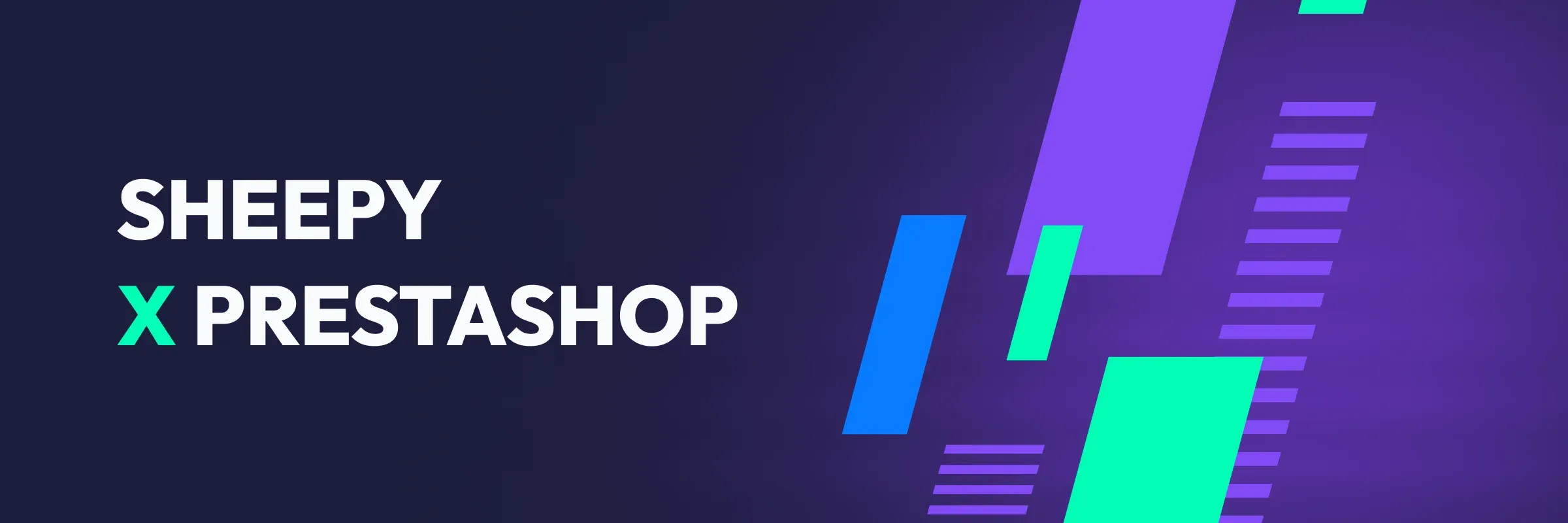 Sheepy x PrestaShop logo on dark purple background with geometric shapes in blue and green. Modern tech collaboration banner.