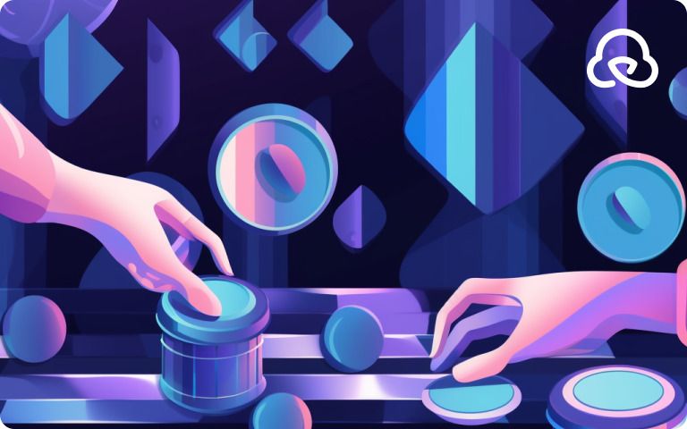 Stylized hands touching holographic buttons in cyberpunk-inspired scene with vibrant blue and pink neon aesthetic.