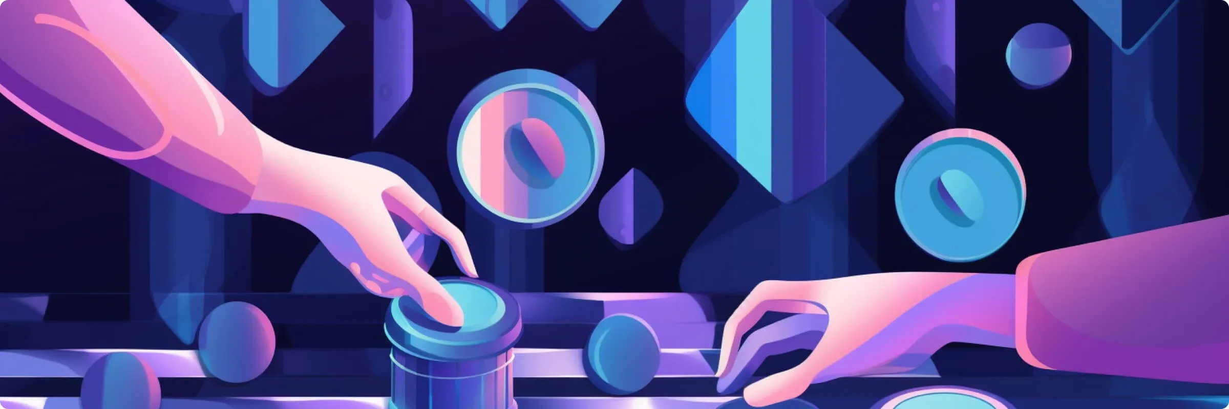 Stylized hands touching holographic buttons in cyberpunk-inspired scene with vibrant blue and pink neon aesthetic.