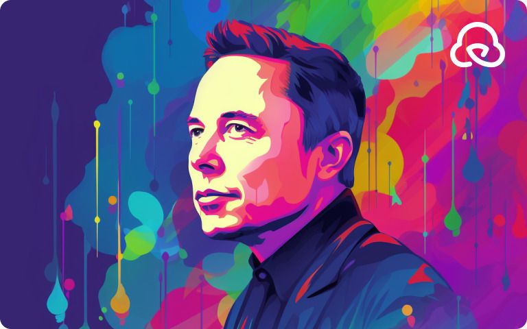 Vibrant pop art portrait of Elon Musk against colorful abstract background with dripping paint-like shapes - preview.