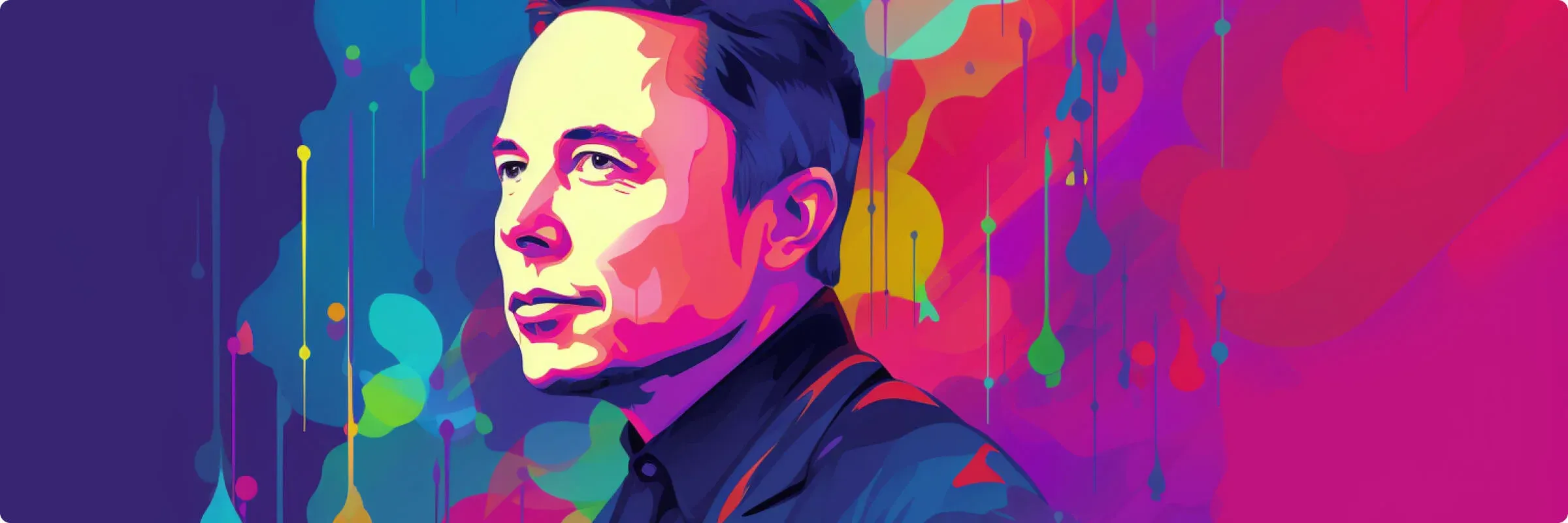 Vibrant pop art portrait of Elon Musk against colorful abstract background with dripping paint-like shapes.