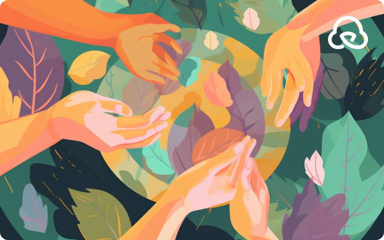 Stylized hands exchanging Bitcoin coins amid colorful leaves, symbolizing eco-friendly cryptocurrency or green finance - preview.