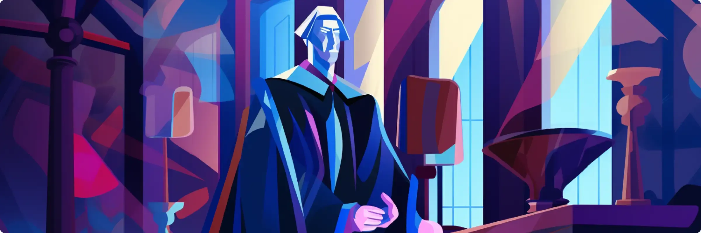 Abstract art of a judge in robes at a bench, amid geometric shapes in vibrant blues and purples.