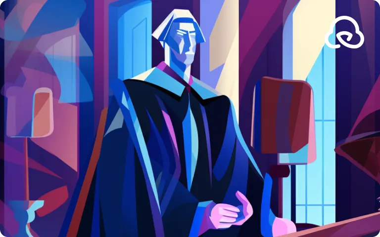 Abstract art of a judge in robes at a bench, amid geometric shapes in vibrant blues and purples - preview.